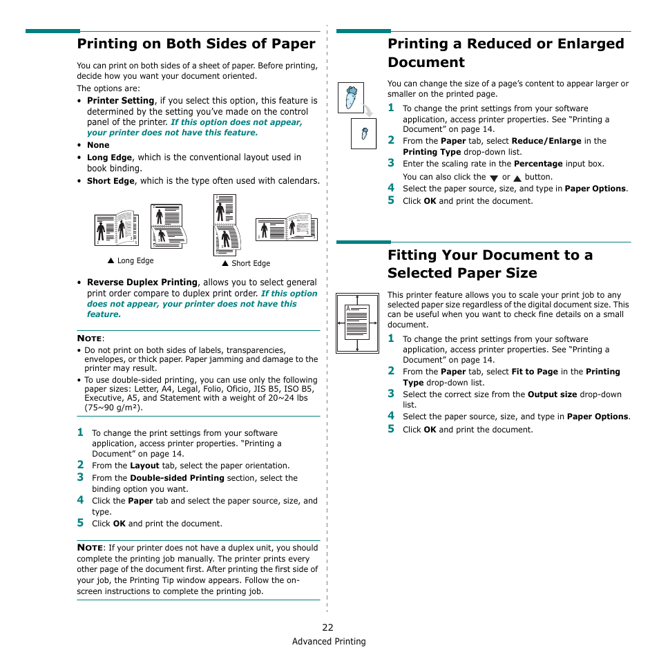 Printing on both sides of paper, Printing a reduced or enlarged document, Fitting your document to a selected paper size | E “printing a reduced or enlarged document” on, Fitting your document to a selected paper | Samsung CLX-8380 User Manual | Page 158 / 186