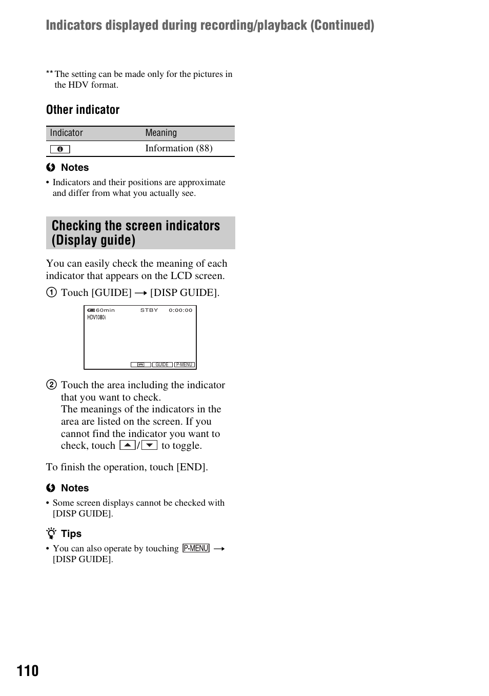 On (110), Checking the screen indicators (display guide), Other indicator | Sony HDR-HC9 User Manual | Page 110 / 128