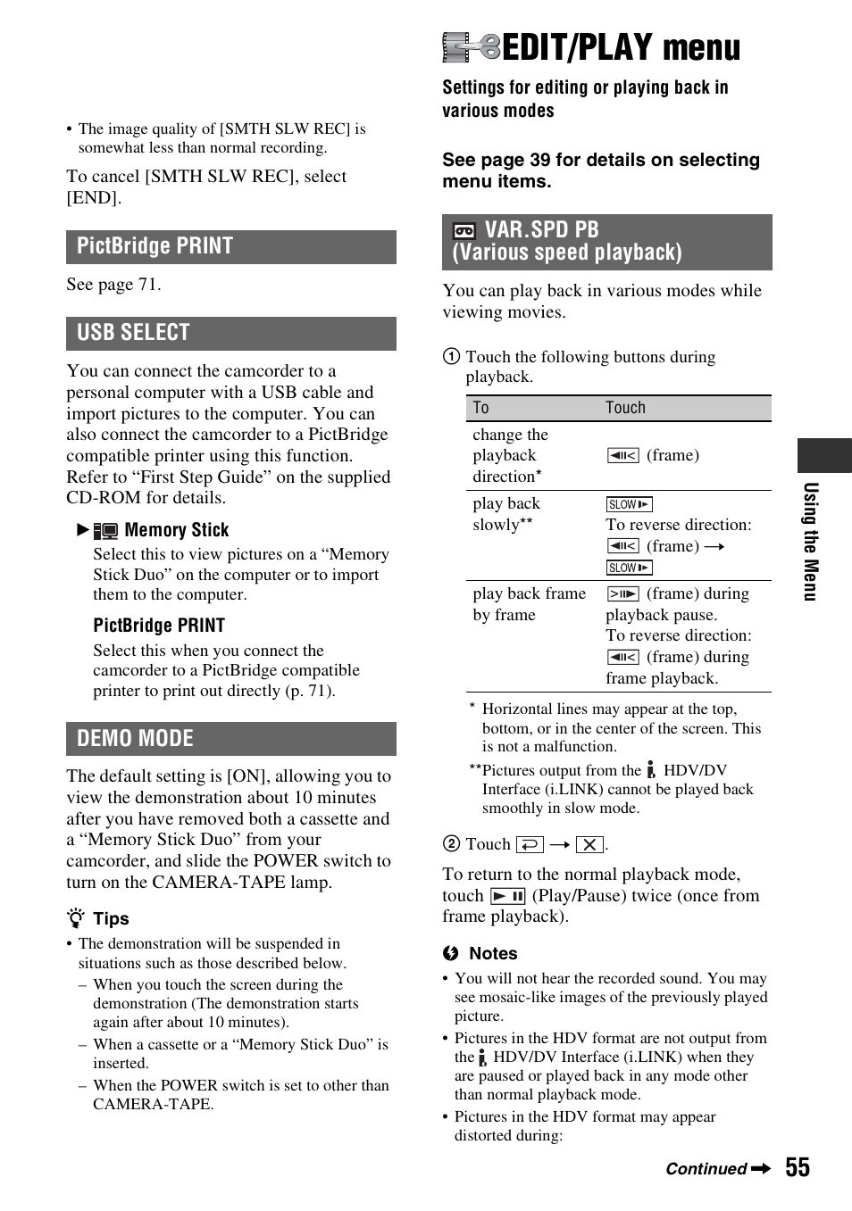 Edit/play menu, Settings for editing or playing back in, Various modes | P. 55, Pictbridge print usb select demo mode, Var.spd pb (various speed playback) | Sony HDR-HC9 User Manual | Page 55 / 128