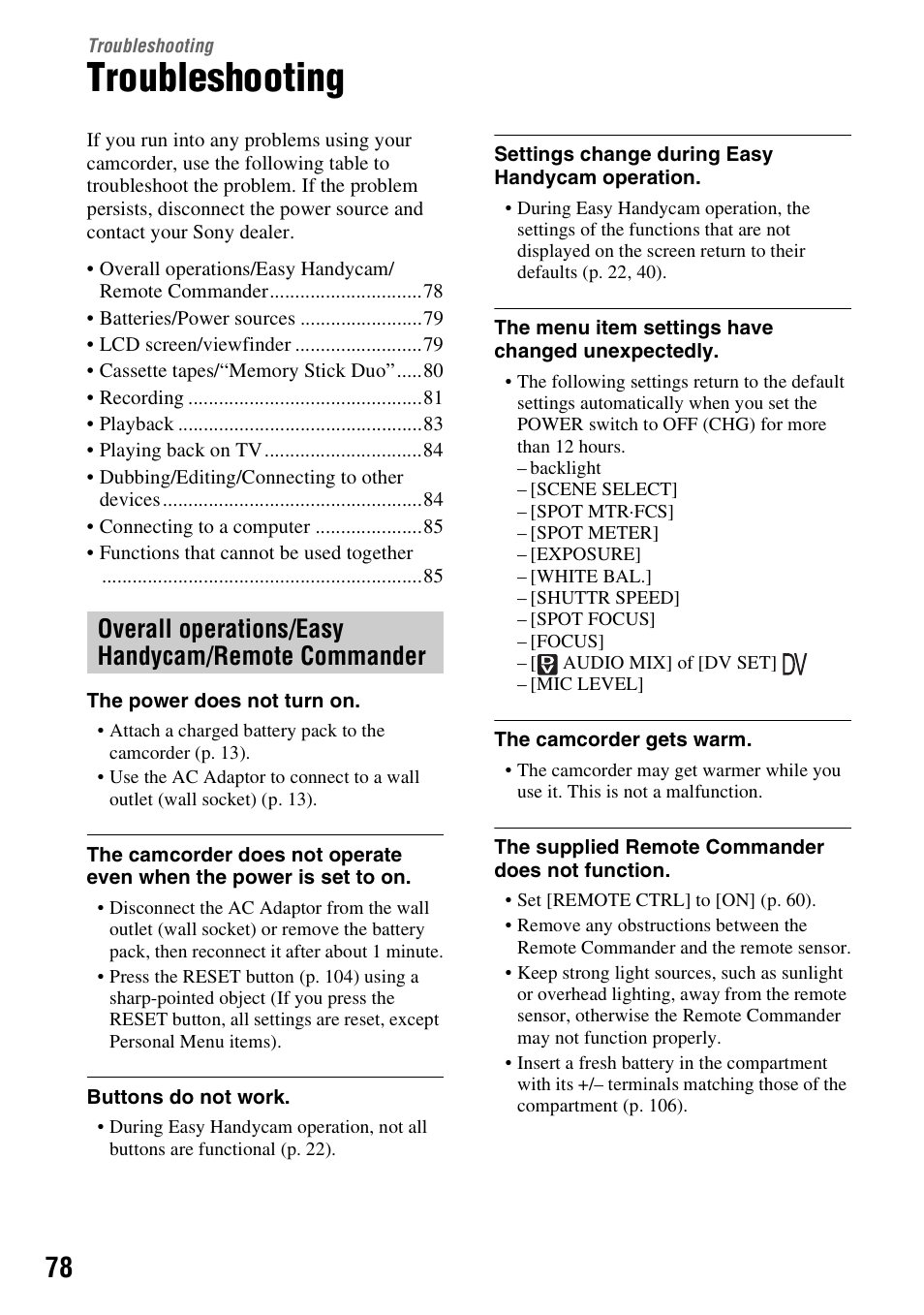Troubleshooting, Overall operations/easy handycam/remote commander | Sony HDR-HC9 User Manual | Page 78 / 128