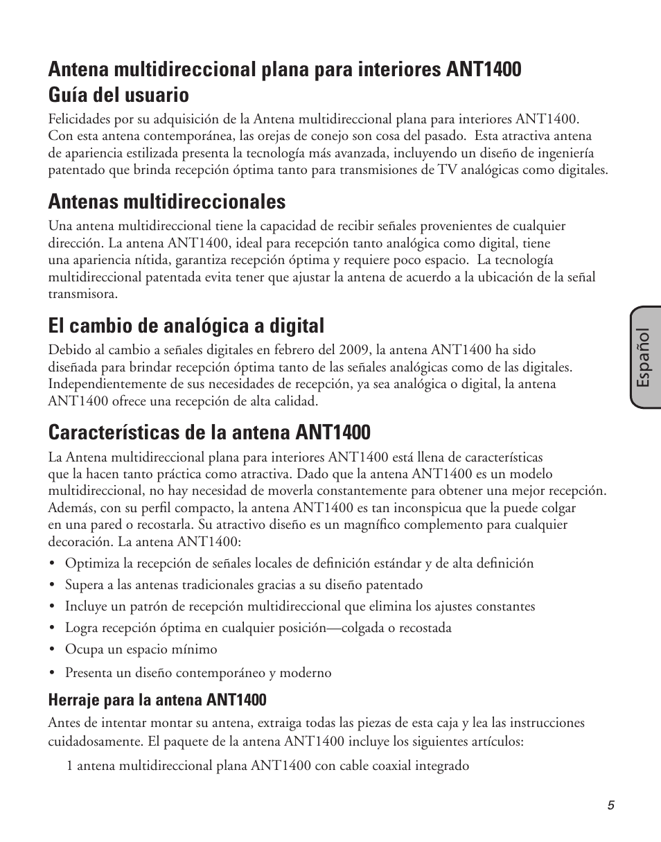 Antenas multidireccionales, El cambio de analógica a digital, Características de la antena ant1400 | Samsung ANT1400 User Manual | Page 5 / 8