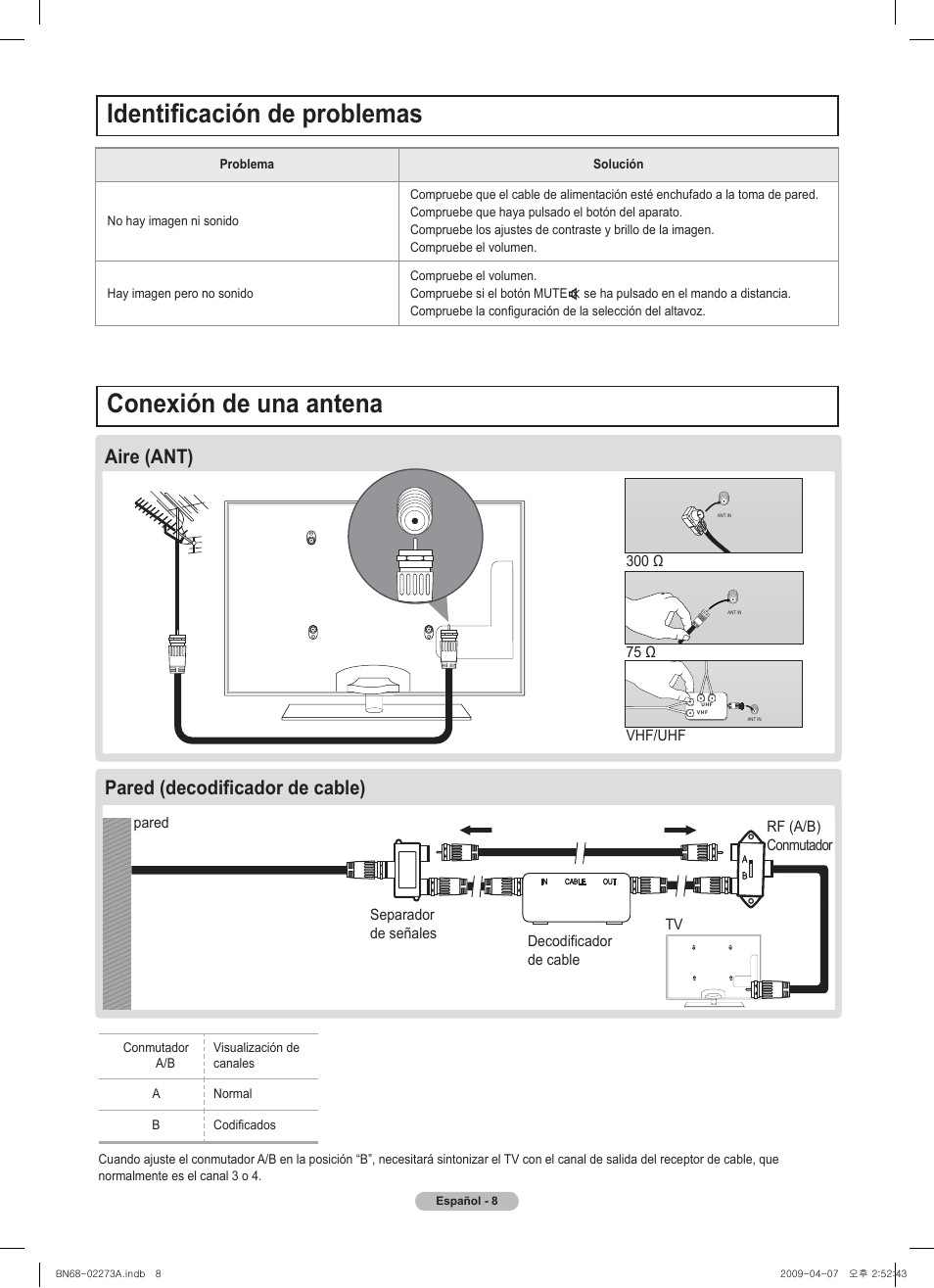 Identificación de problemas, Conexión de una antena, Pared (decodificador de cable) aire (ant) | Samsung BN68-02135A User Manual | Page 16 / 28