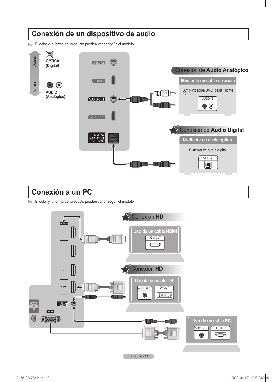 Conexión de audio digital, Using a d-sub cable, Mediante un cable óptico | Mediante un cable de audio | Samsung BN68-02135A User Manual | Page 18 / 28