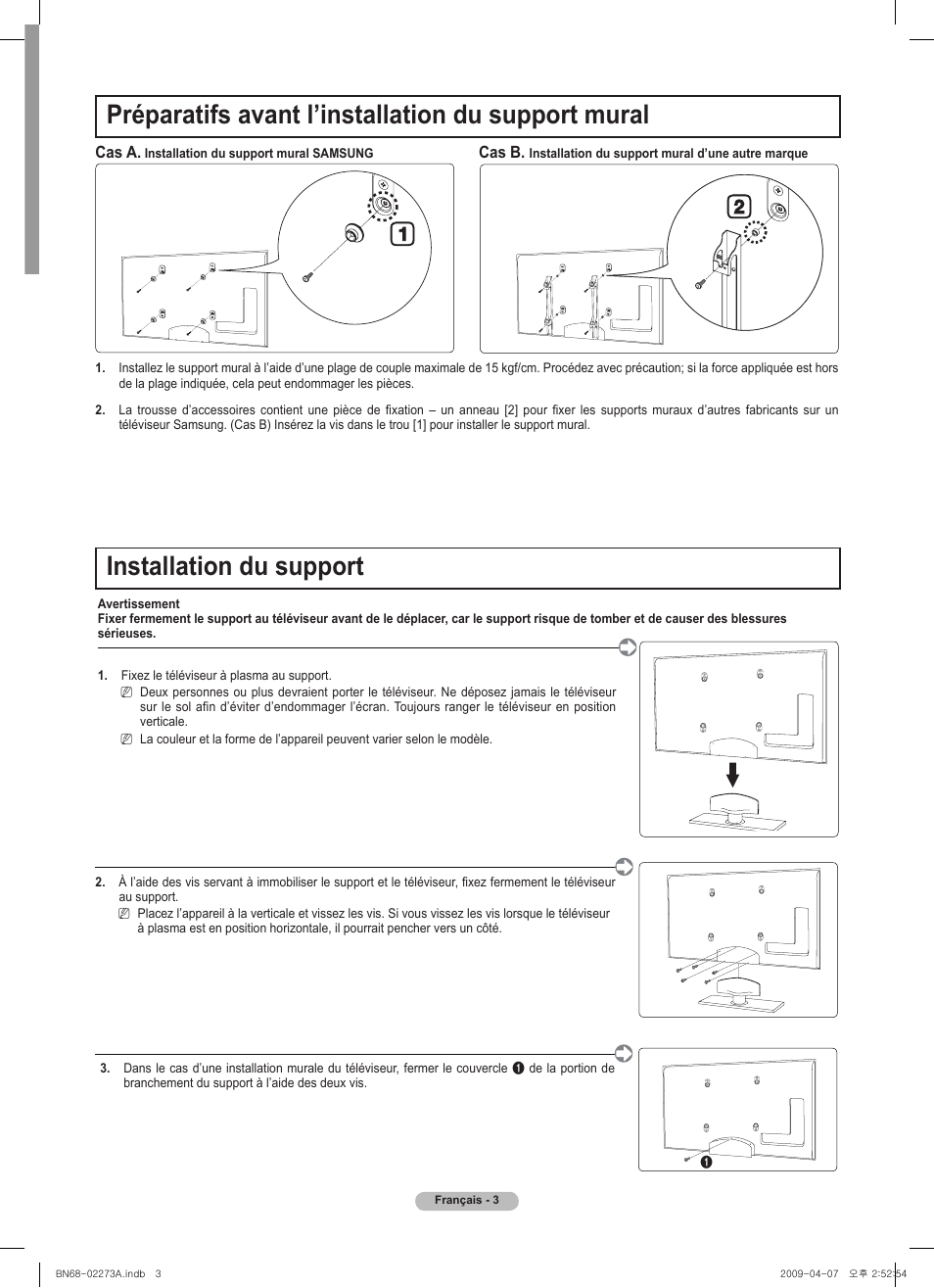 Installation du support, Préparatifs avant l’installation du support mural | Samsung BN68-02135A User Manual | Page 20 / 28