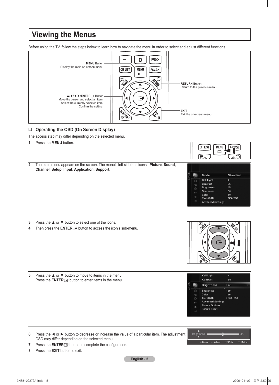 Viewing the menus, Operating the osd (on screen display) | Samsung BN68-02135A User Manual | Page 4 / 28
