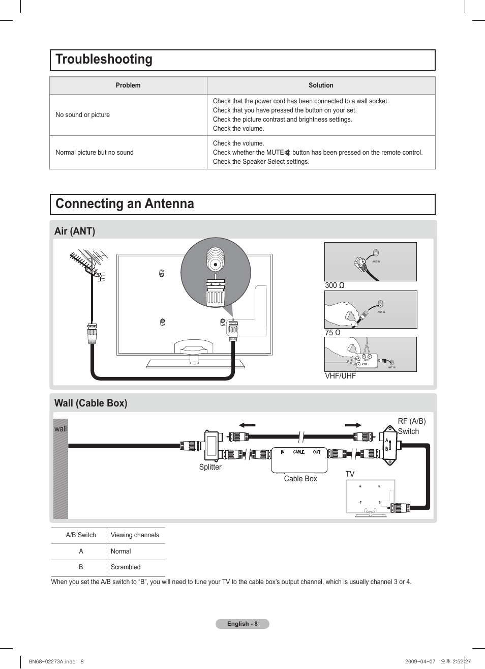 Troubleshooting, Connecting an antenna, Wall (cable box) air (ant) | Samsung BN68-02135A User Manual | Page 7 / 28