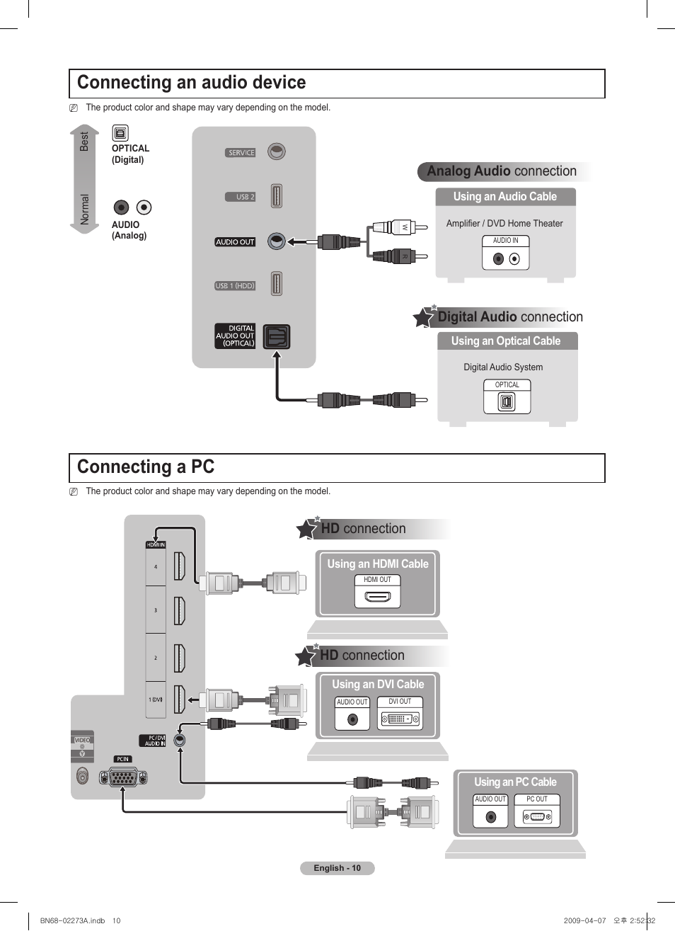 Connecting an audio device connecting a pc, Digital audio connection, Analog audio connection hd connection | Hd connection, Using a d-sub cable, Using an optical cable, Using an audio cable, Using an pc cable, Using an hdmi cable using an dvi cable, Best normal | Samsung BN68-02135A User Manual | Page 9 / 28