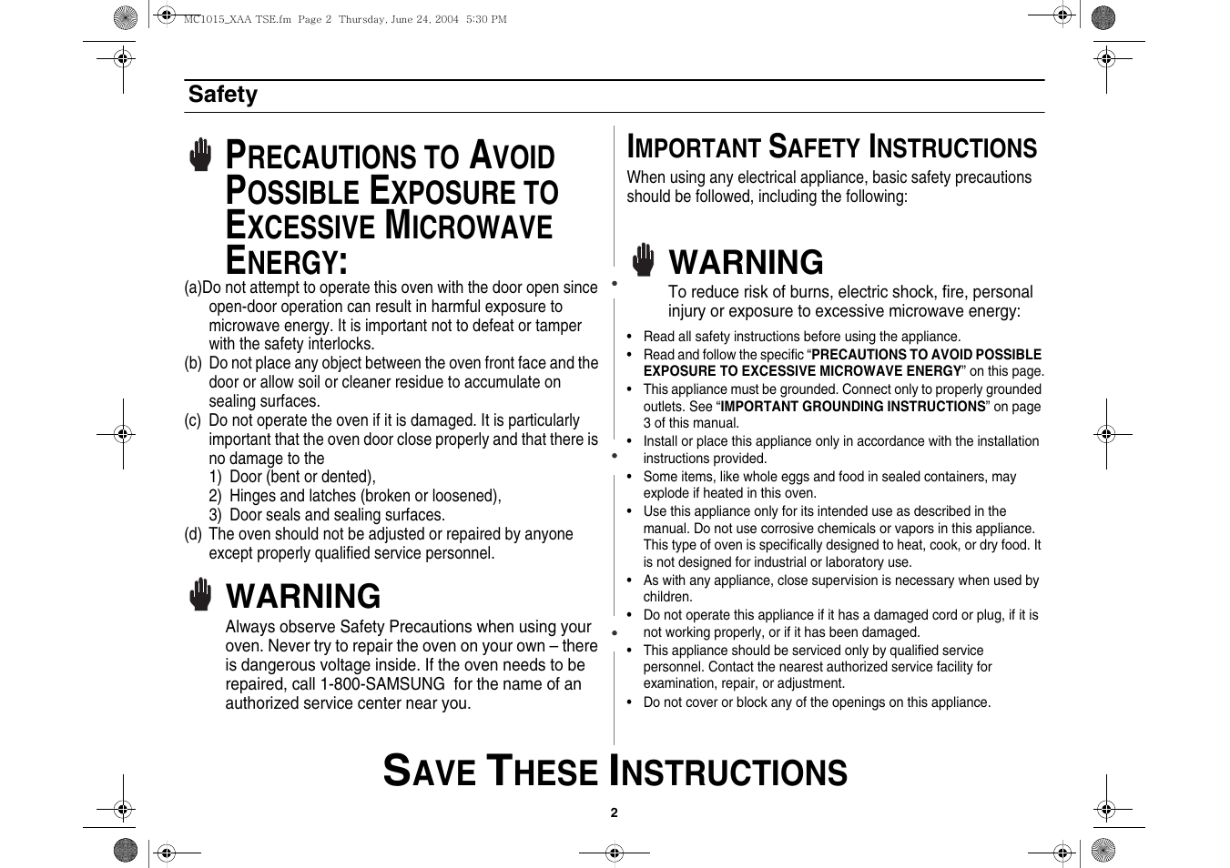 Safety, Hese, Nstructions | Warning, Recautions to, Void, Ossible, Xposure to, Xcessive, Icrowave | Samsung MC1015 User Manual | Page 2 / 36