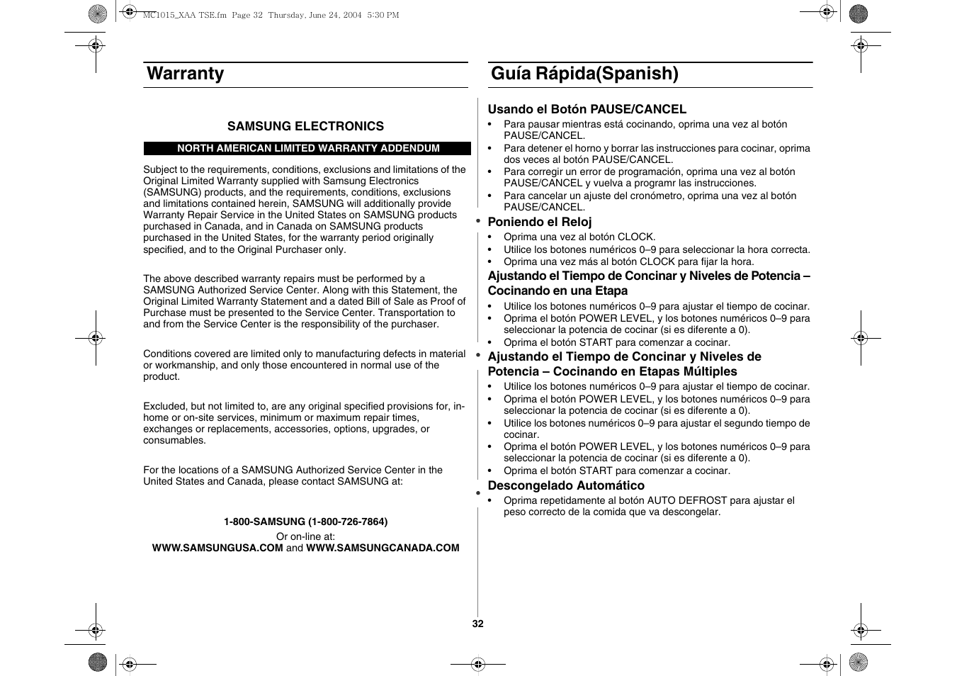 Guía rápida(spanish), Warranty | Samsung MC1015 User Manual | Page 32 / 36