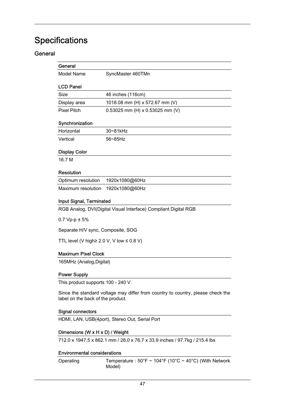 Specifications, General | Samsung SYNCMASTER 460TMN User Manual | Page 47 / 59