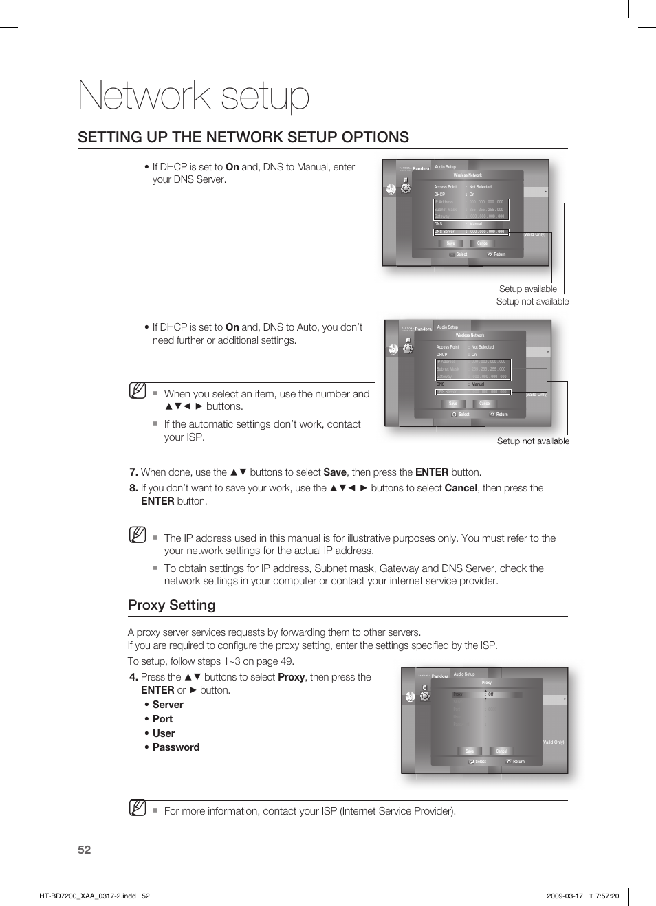 Network setup, Setting up the network setup options, Proxy setting | Setup not available setup available, Setup not available | Samsung HT-BD7200 User Manual | Page 52 / 100