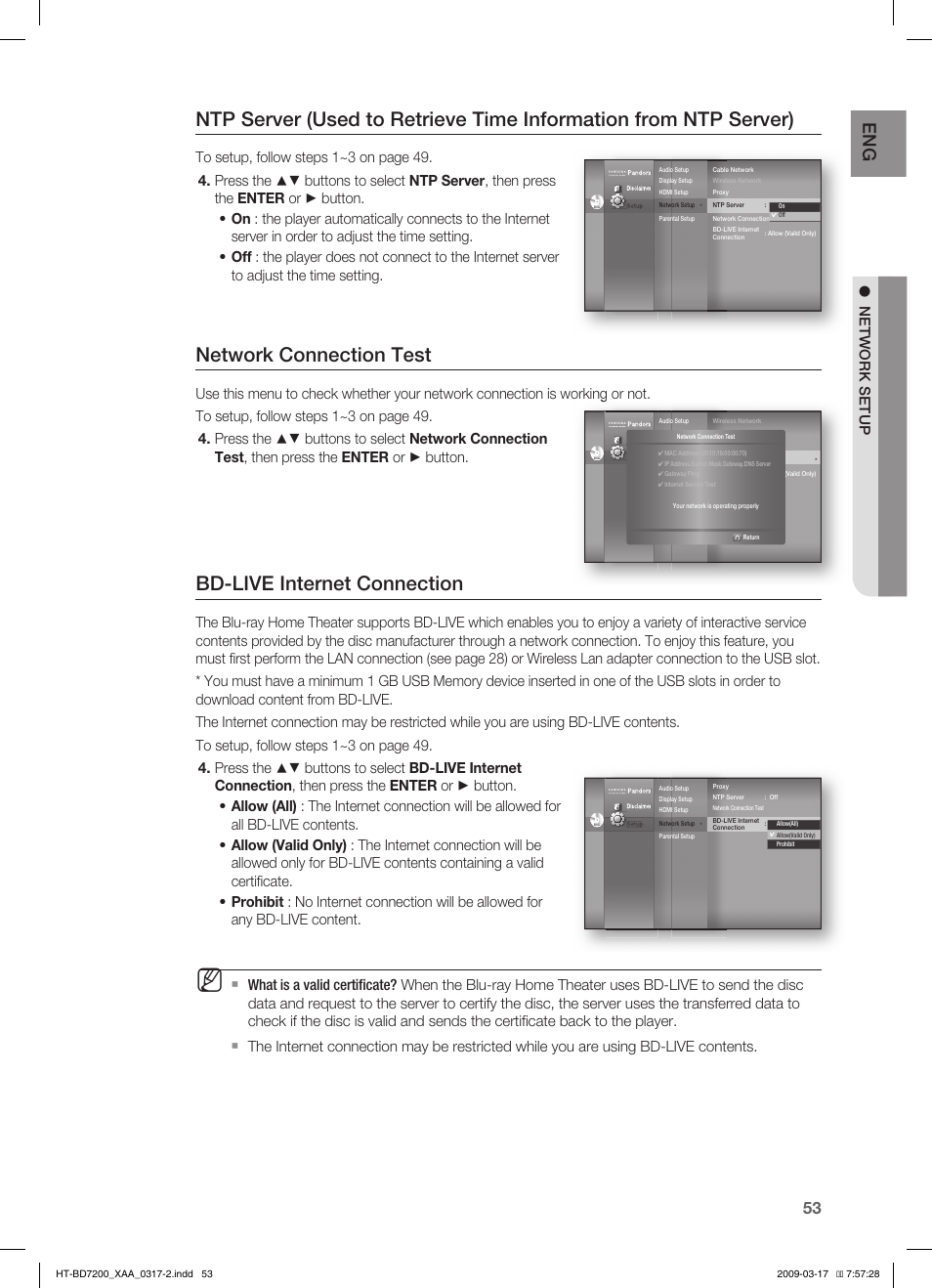 Network connection test, Bd-live internet connection, Network setup | Samsung HT-BD7200 User Manual | Page 53 / 100