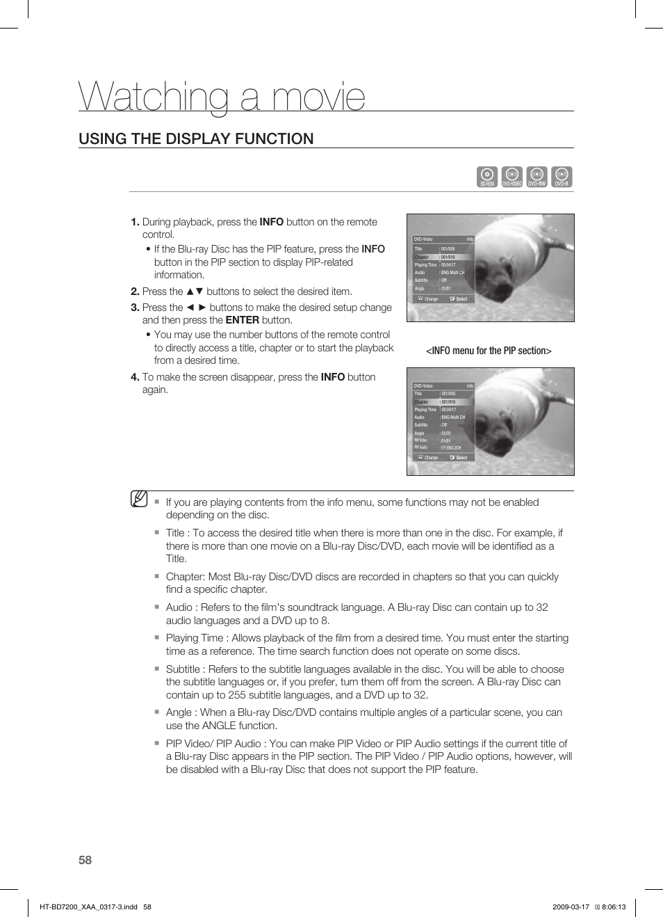 Watching a movie, Hzcv, Using the display function | Samsung HT-BD7200 User Manual | Page 58 / 100