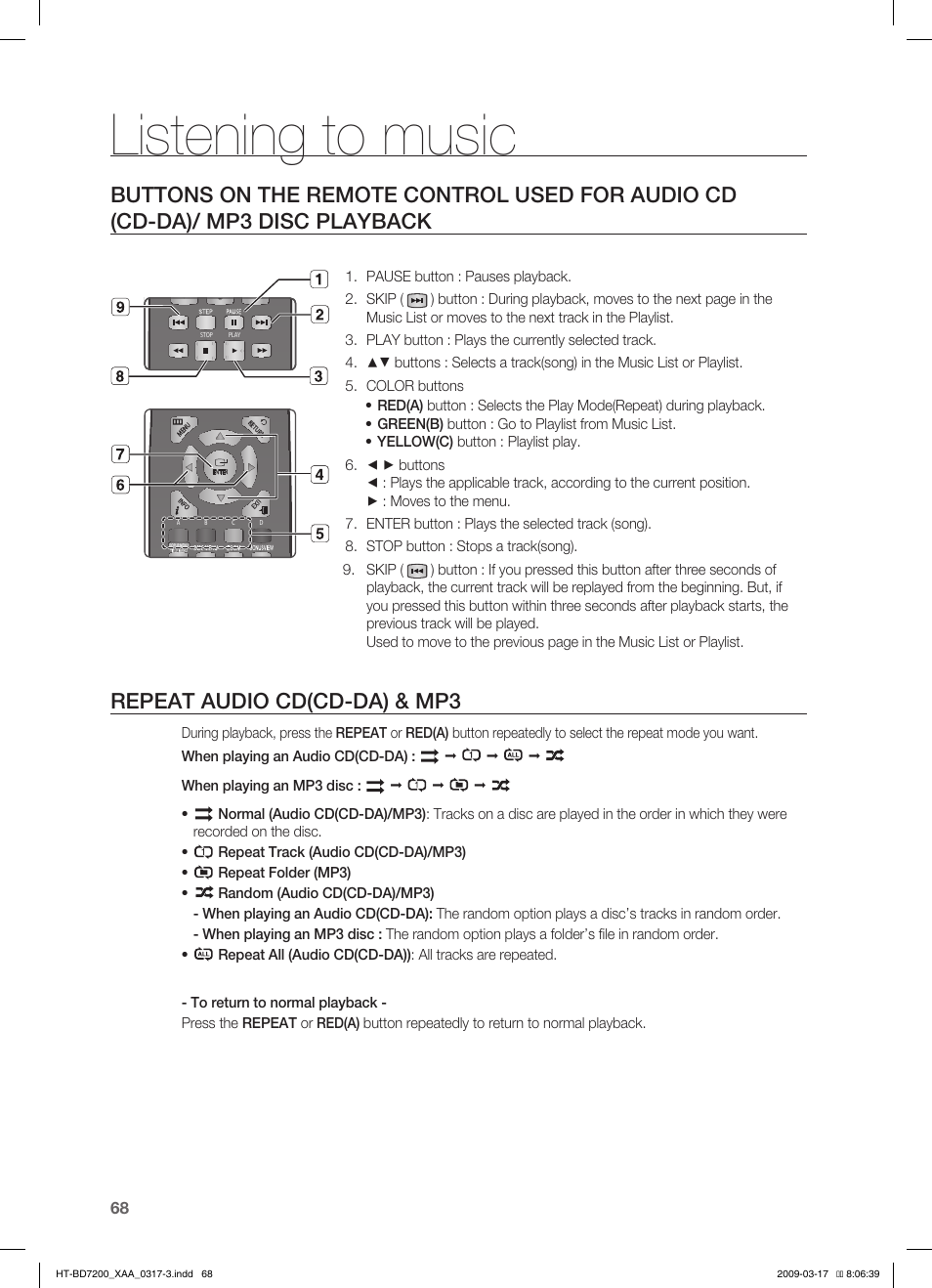 Listening to music, Repeat audio cd(cd-da) & mp3 | Samsung HT-BD7200 User Manual | Page 68 / 100