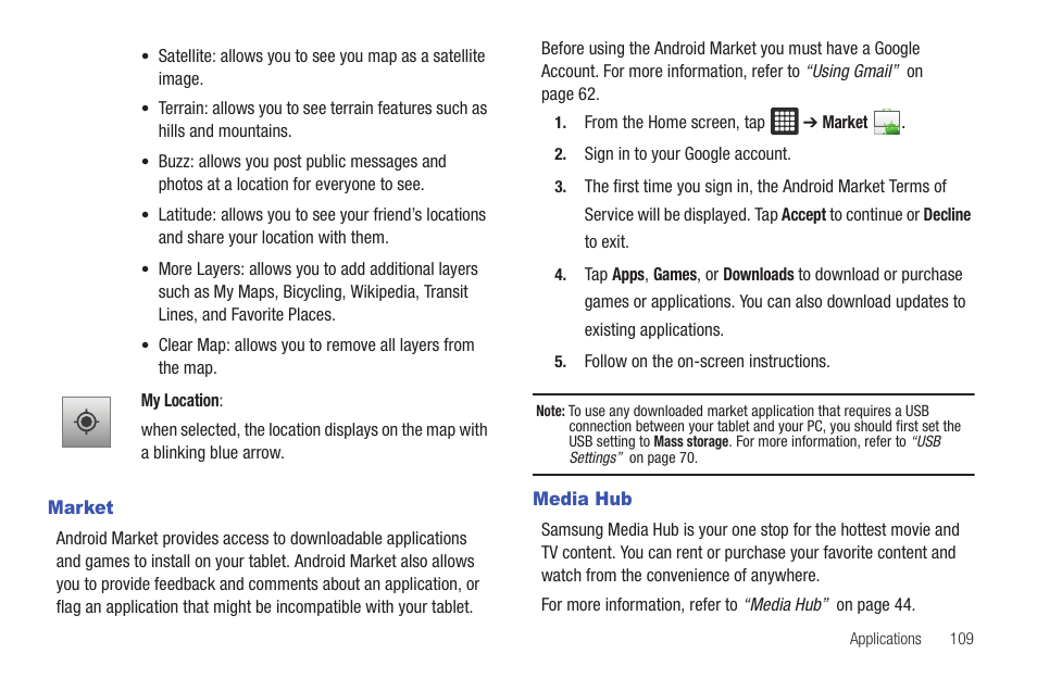 Market, Media hub, Market media hub | Samsung Galaxy Tab A3LSGHI987 User Manual | Page 113 / 146