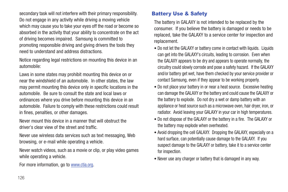 Battery use & safety | Samsung Galaxy Tab A3LSGHI987 User Manual | Page 130 / 146