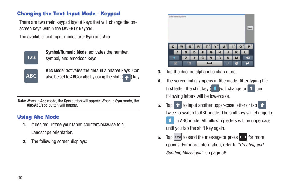 Changing the text input mode - keypad, Using abc mode | Samsung Galaxy Tab A3LSGHI987 User Manual | Page 34 / 146