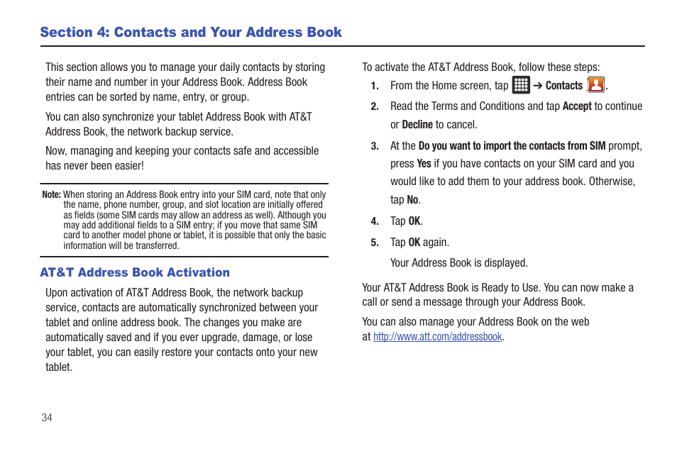 Section 4: contacts and your address book, At&t address book activation | Samsung Galaxy Tab A3LSGHI987 User Manual | Page 38 / 146