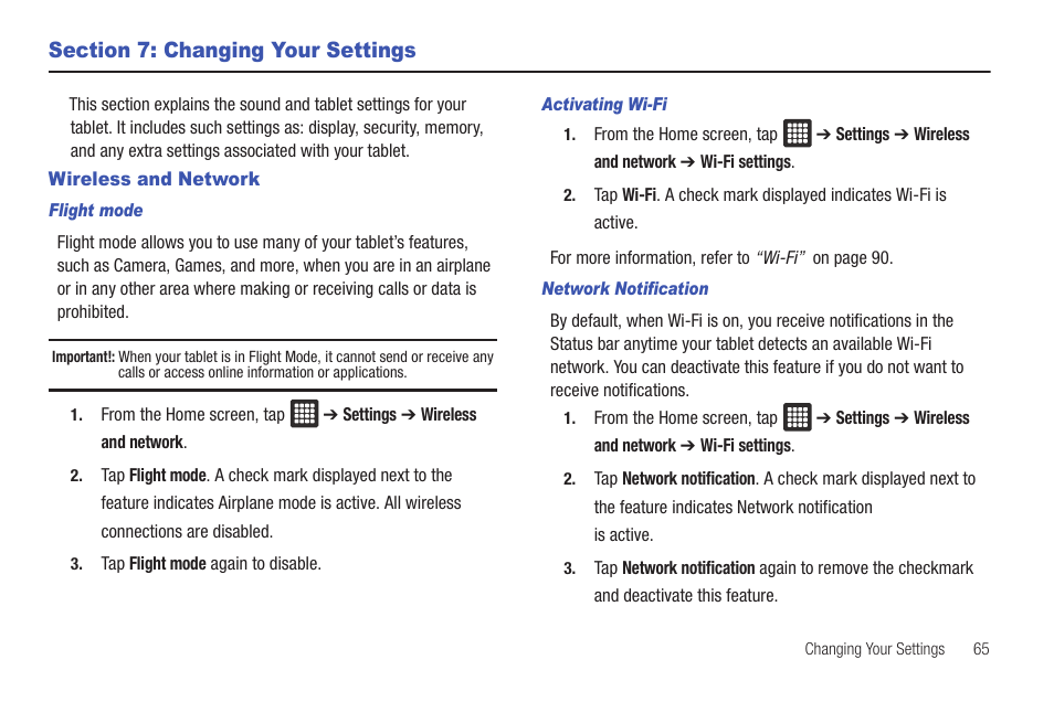 Section 7: changing your settings, Wireless and network | Samsung Galaxy Tab A3LSGHI987 User Manual | Page 69 / 146