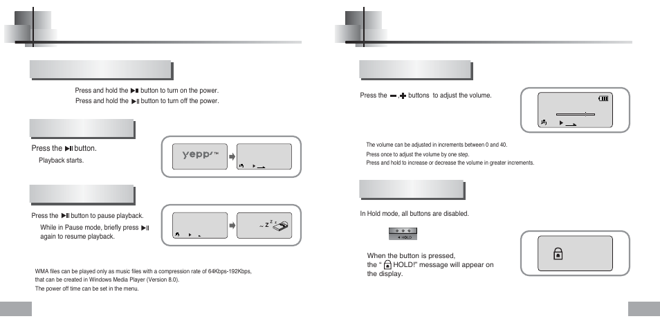 Basic usage, Playing music and turning off the device, Adjusting the volume/hold function | Samsung YP-60 User Manual | Page 21 / 38