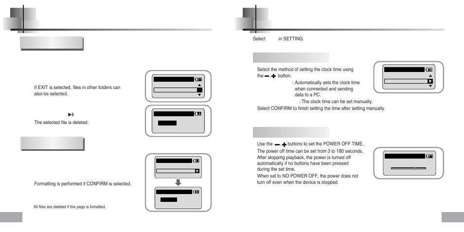Managing files, Time control, Deleting formatting | Watch time set power off time | Samsung YP-60 User Manual | Page 28 / 38