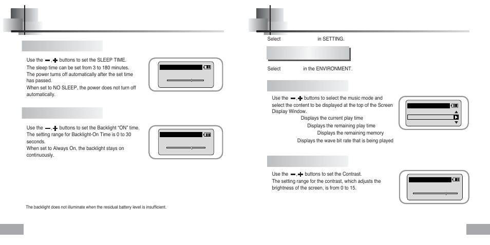 Setting the environment, Time control, Display | Sleep time backlight time, Information contrast | Samsung YP-60 User Manual | Page 29 / 38