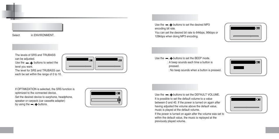 Setting the environment, Sound control, Wow level | Encode bit rate, Beep on/off default volume | Samsung YP-60 User Manual | Page 30 / 38