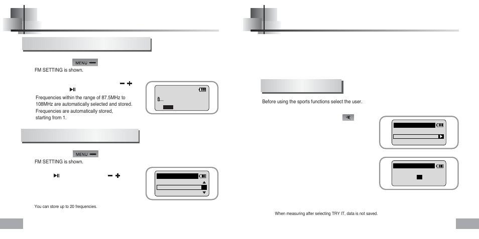 Setting fm, Using sports function, Caution when measuring your heart rate | Automatic storage of a frequency, Searching stored frequencies, Setting the user | Samsung YP-60 User Manual | Page 32 / 38
