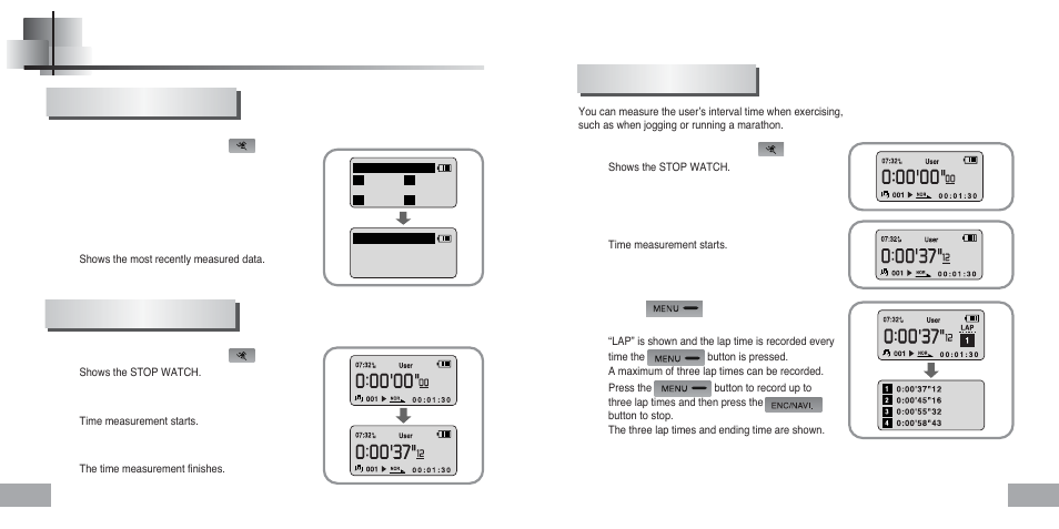 Using sports function, Checking the database stop watch function, Measuring lap time | Samsung YP-60 User Manual | Page 34 / 38