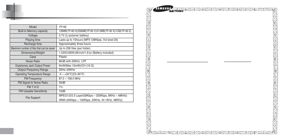 Specifications, Samsung limited warranty | Samsung YP-60 User Manual | Page 37 / 38