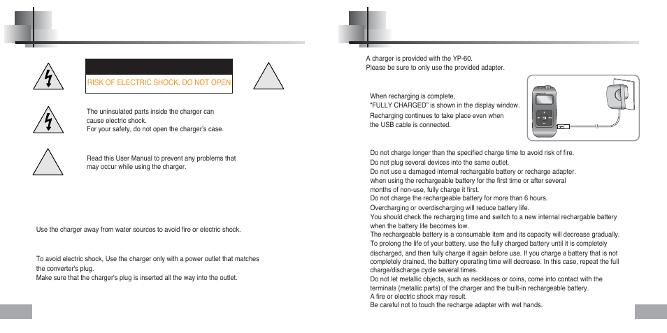 Battery charger safety, Cautions for recharging, Caution | Samsung YP-60 User Manual | Page 4 / 38