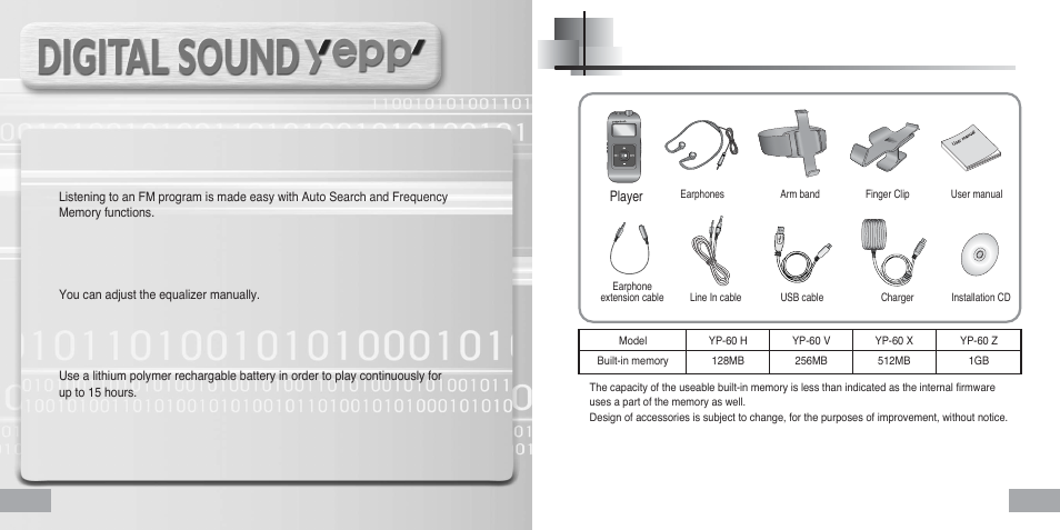 Accessories, Fm reception, Sound | Hour continuous play | Samsung YP-60 User Manual | Page 6 / 38