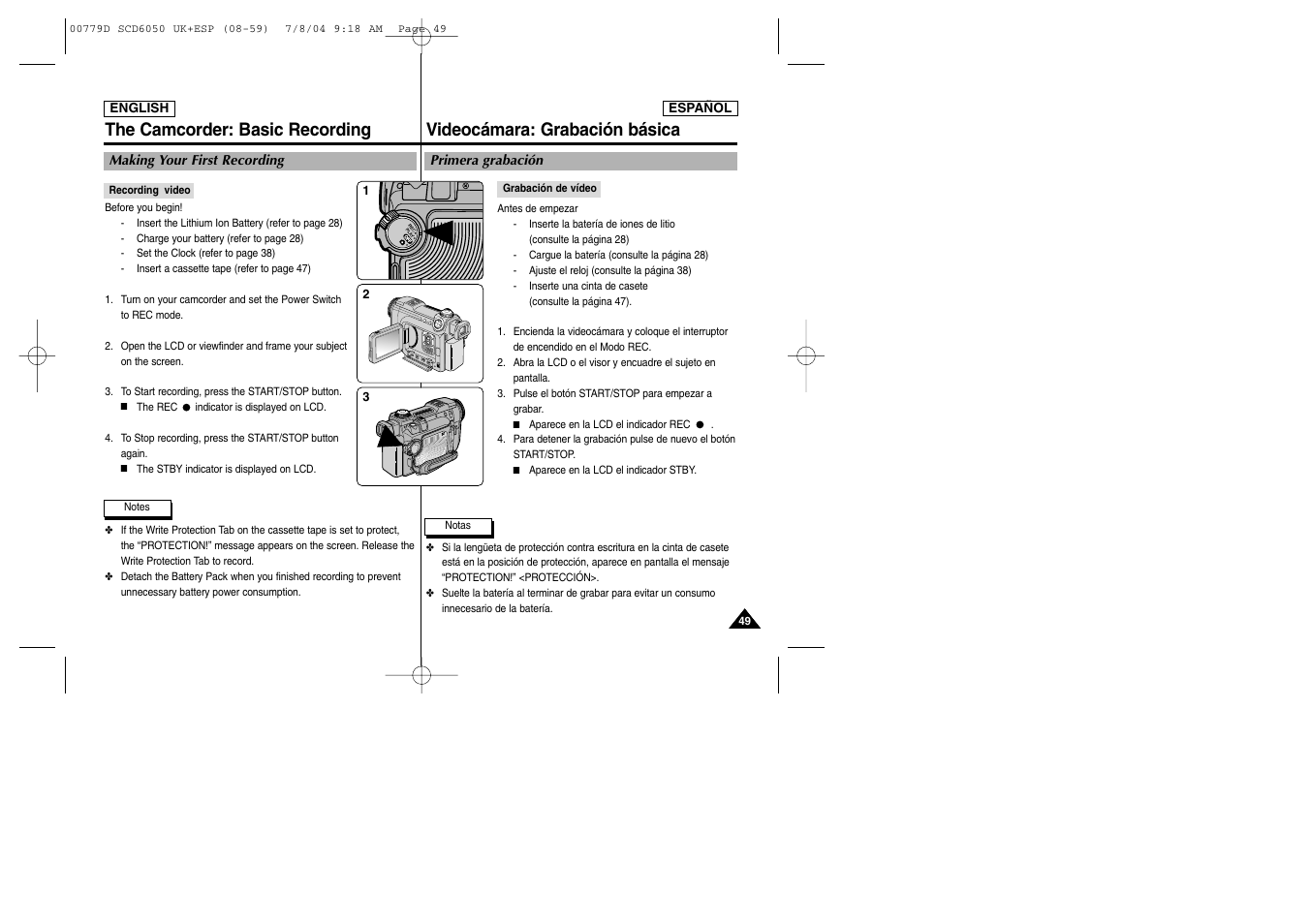 The camcorder: basic recording, Videocámara: grabación básica | Samsung SCD6050 User Manual | Page 49 / 166