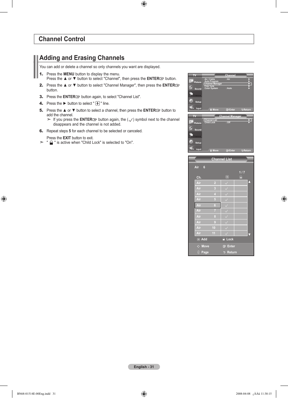 Channel control, Adding and erasing channels, Channel control adding and erasing channels | Samsung Digimax 330 User Manual | Page 33 / 102