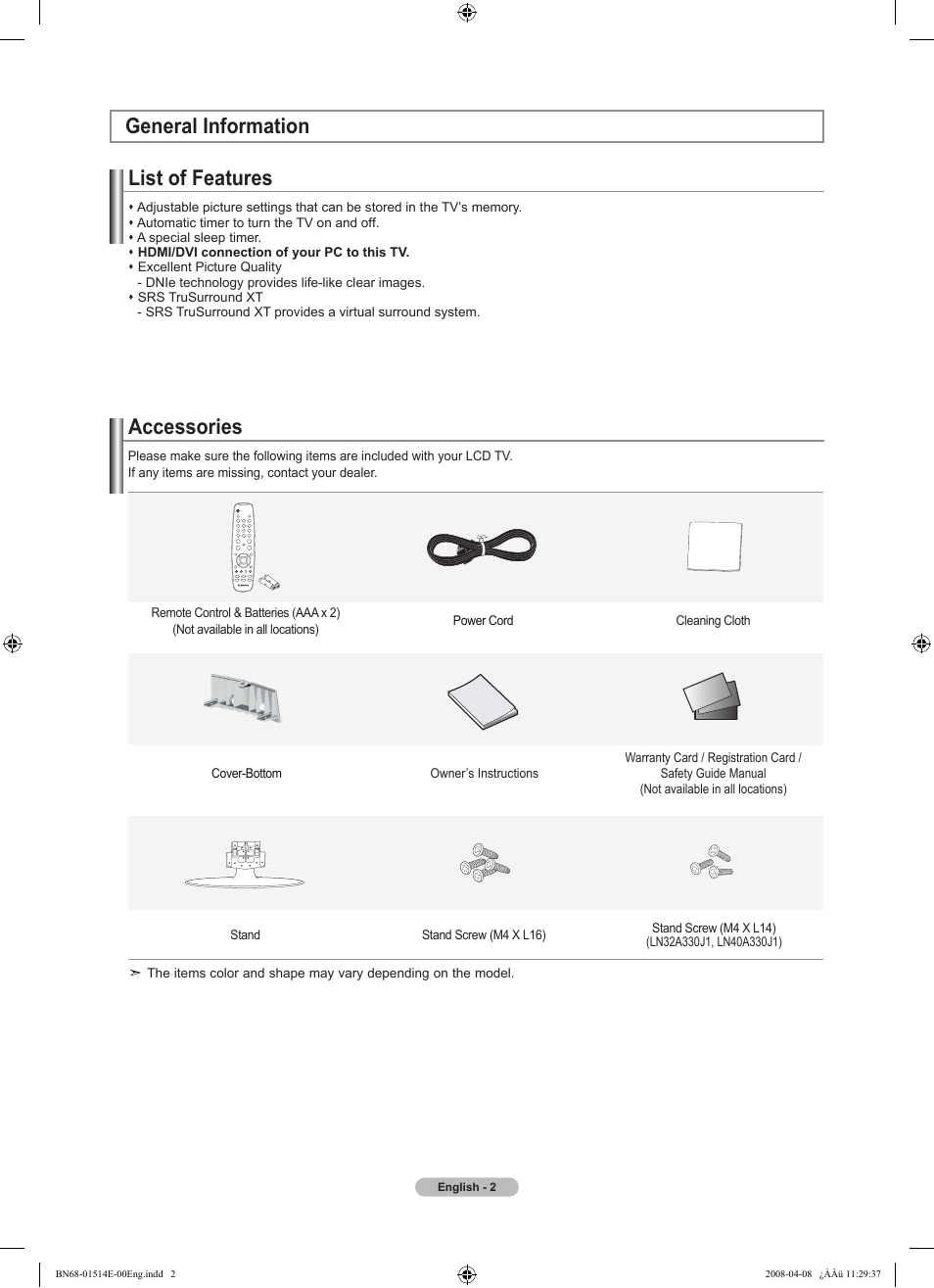 General information, List of features, Accessories | General information list of features | Samsung Digimax 330 User Manual | Page 4 / 102
