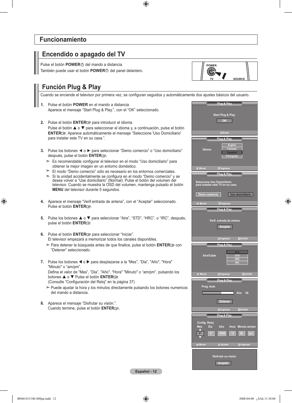 Función plug & play, Encendido o apagado del tv, Funcionamiento | Samsung Digimax 330 User Manual | Page 64 / 102