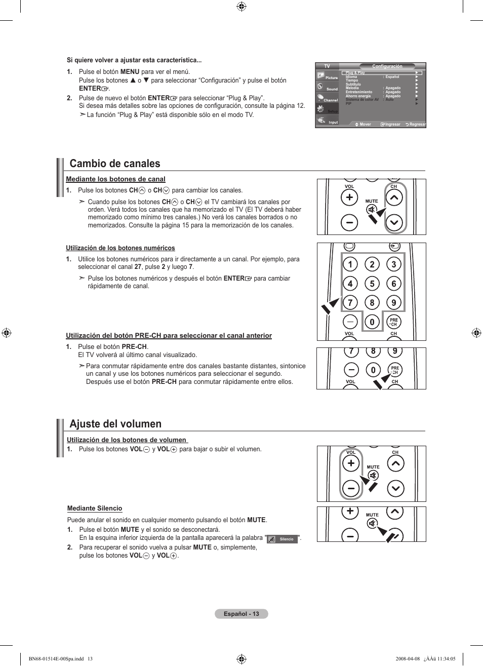 Cambio de canales, Ajuste del volumen | Samsung Digimax 330 User Manual | Page 65 / 102