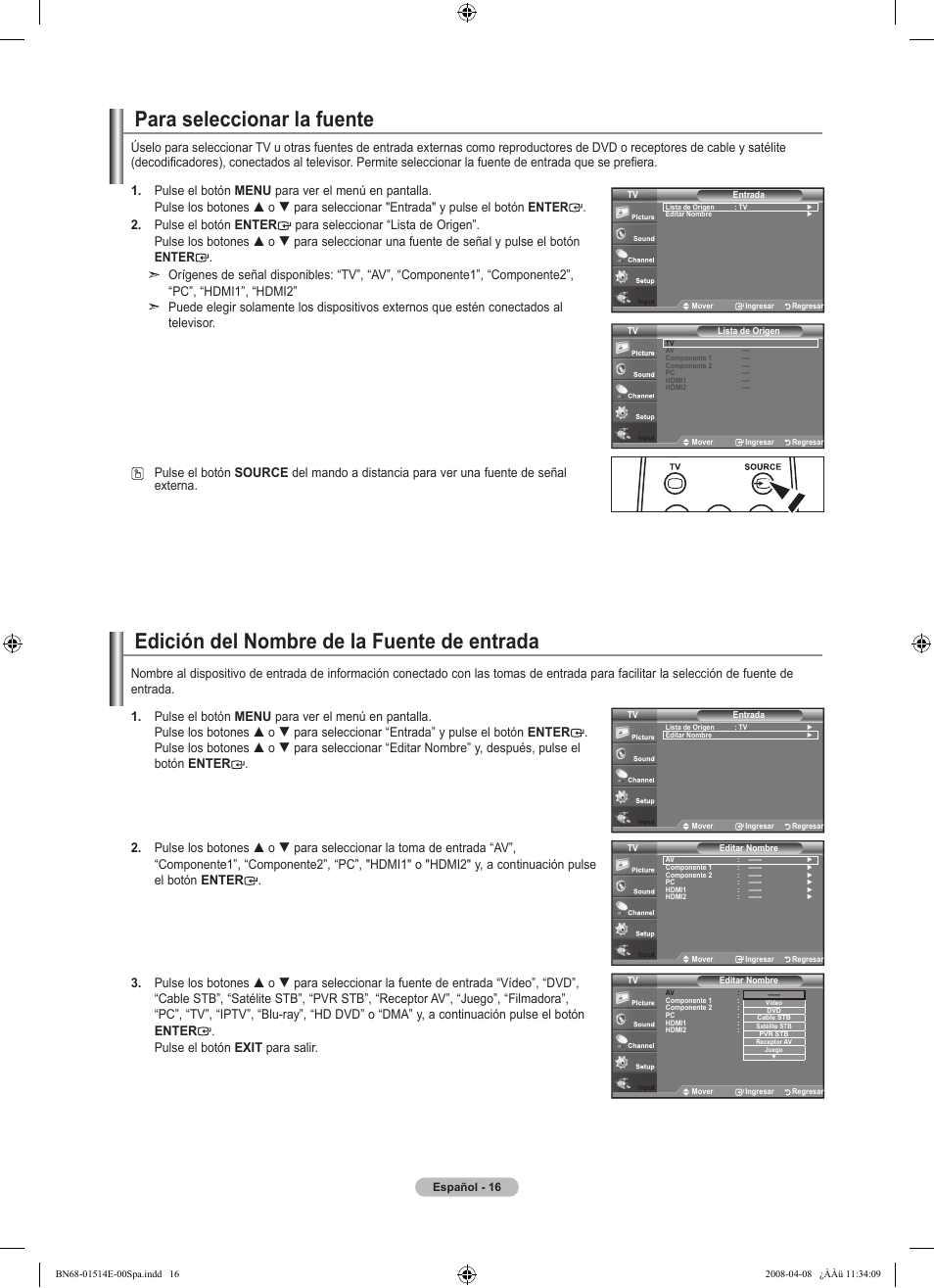 Para seleccionar la fuente, Edición del nombre de la fuente de entrada | Samsung Digimax 330 User Manual | Page 68 / 102
