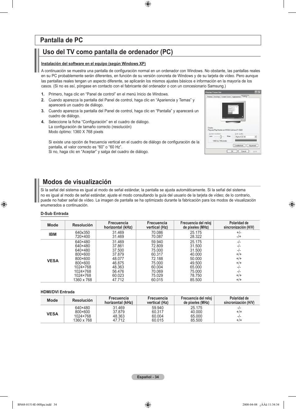 Uso del tv como pantalla de ordenador (pc), Modos de visualización pantalla de pc | Samsung Digimax 330 User Manual | Page 86 / 102