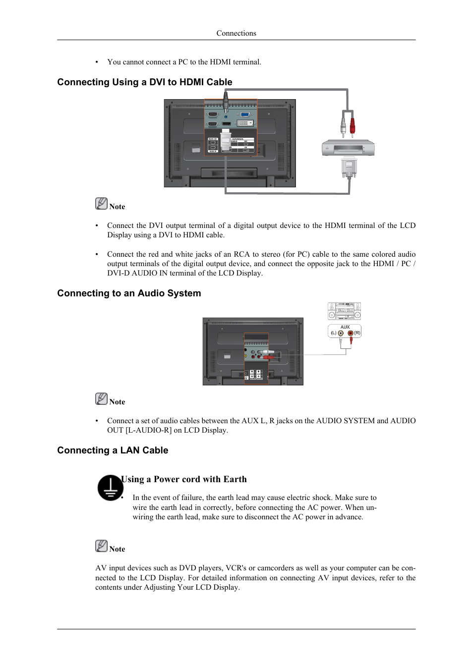 Connecting using a dvi to hdmi cable, Connecting to an audio system, Connecting a lan cable | Samsung 400CXN User Manual | Page 34 / 132