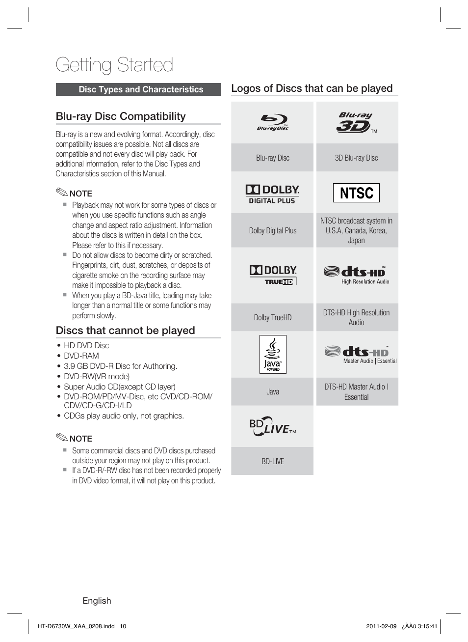 Getting started | Samsung 7.1 CH BLU-RAY HT-D6730W User Manual | Page 10 / 80