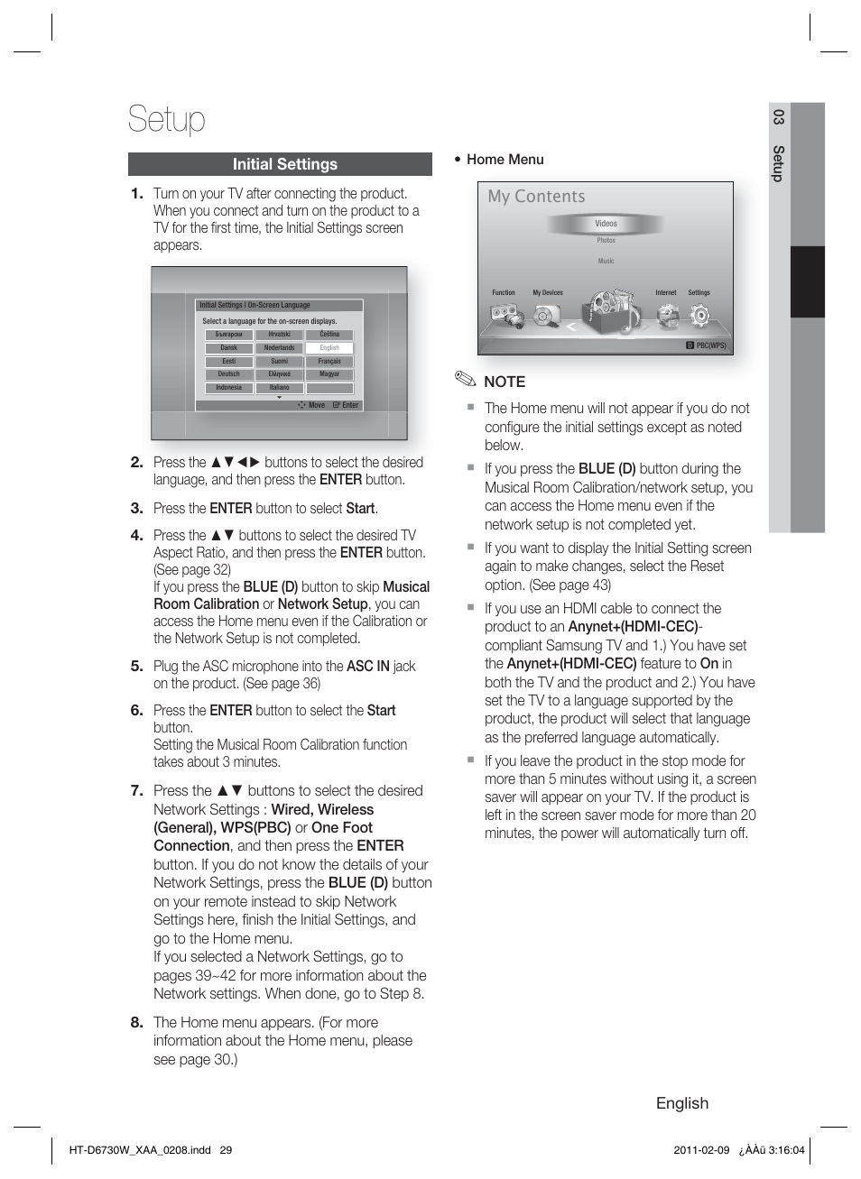 Setup, Initial settings, My contents | Samsung 7.1 CH BLU-RAY HT-D6730W User Manual | Page 29 / 80