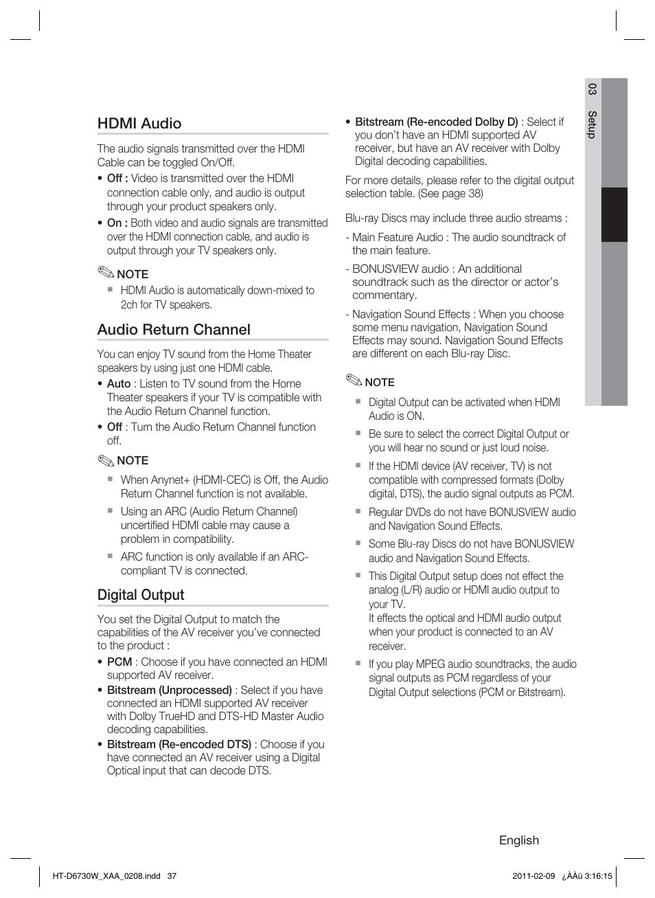 Hdmi audio, Audio return channel, Digital output | Samsung 7.1 CH BLU-RAY HT-D6730W User Manual | Page 37 / 80