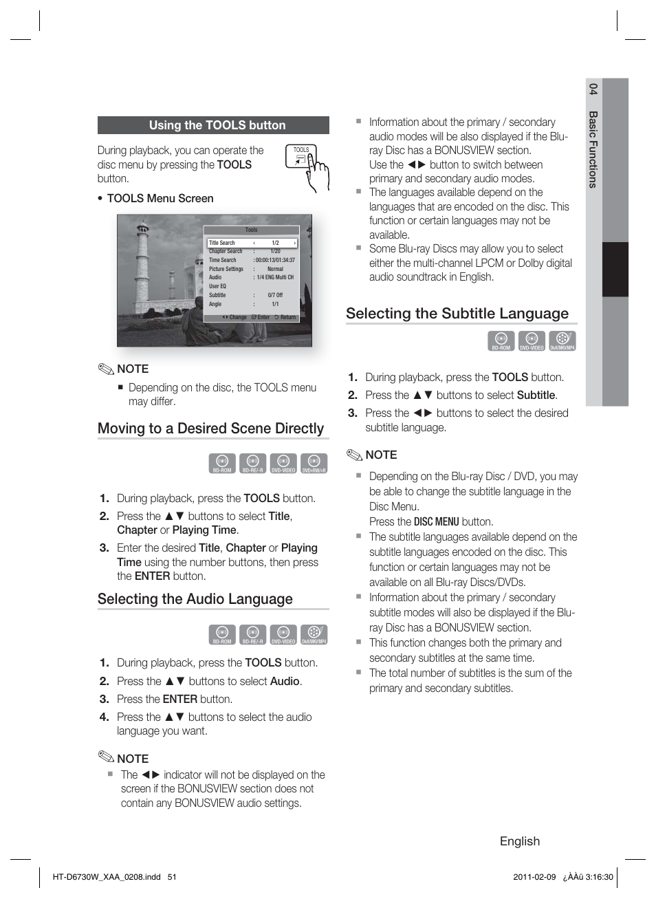 Using the tools button, Hzzy, Hzzx | Moving to a desired scene directly, Selecting the audio language, Selecting the subtitle language | Samsung 7.1 CH BLU-RAY HT-D6730W User Manual | Page 51 / 80