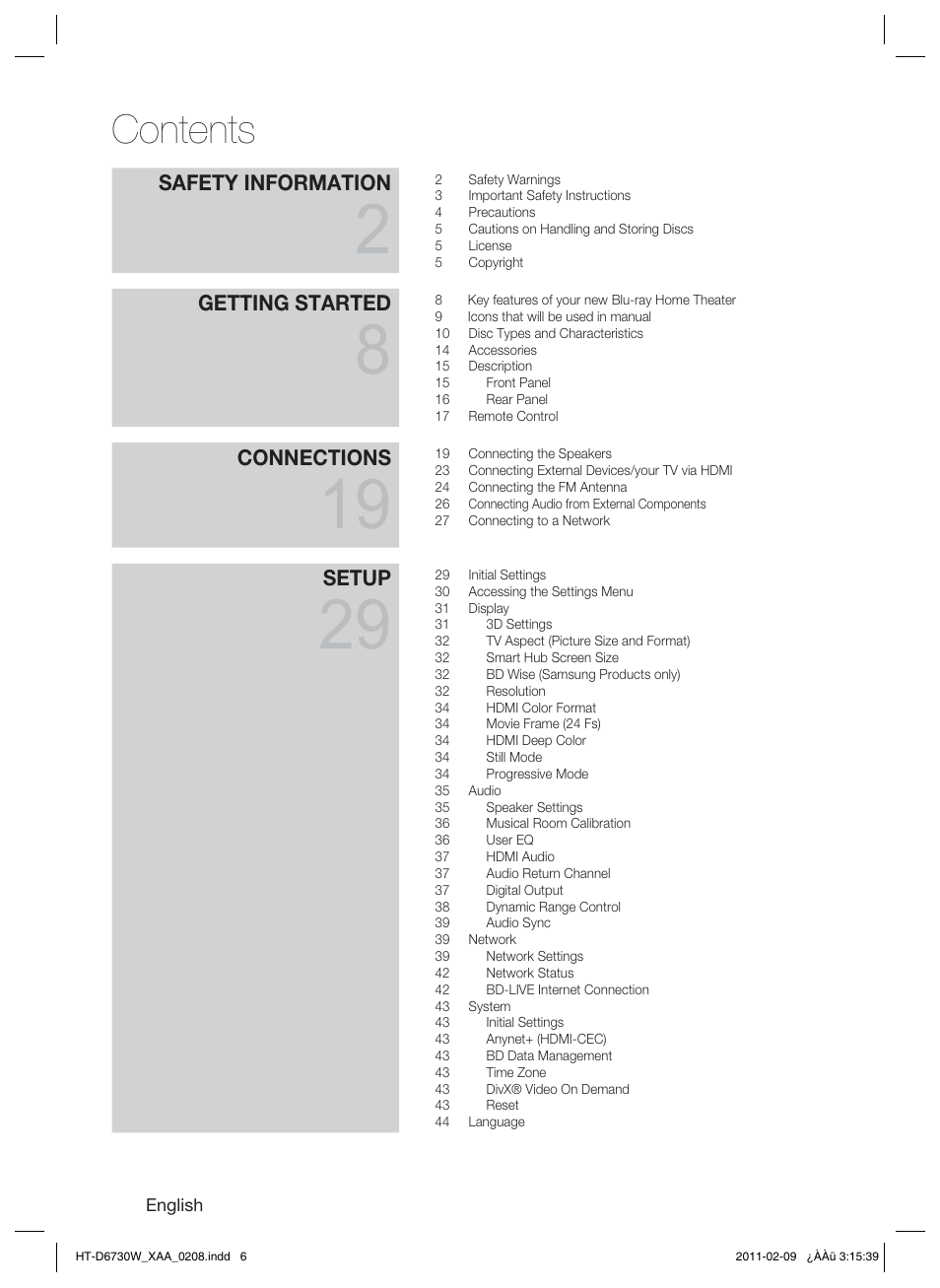 Samsung 7.1 CH BLU-RAY HT-D6730W User Manual | Page 6 / 80