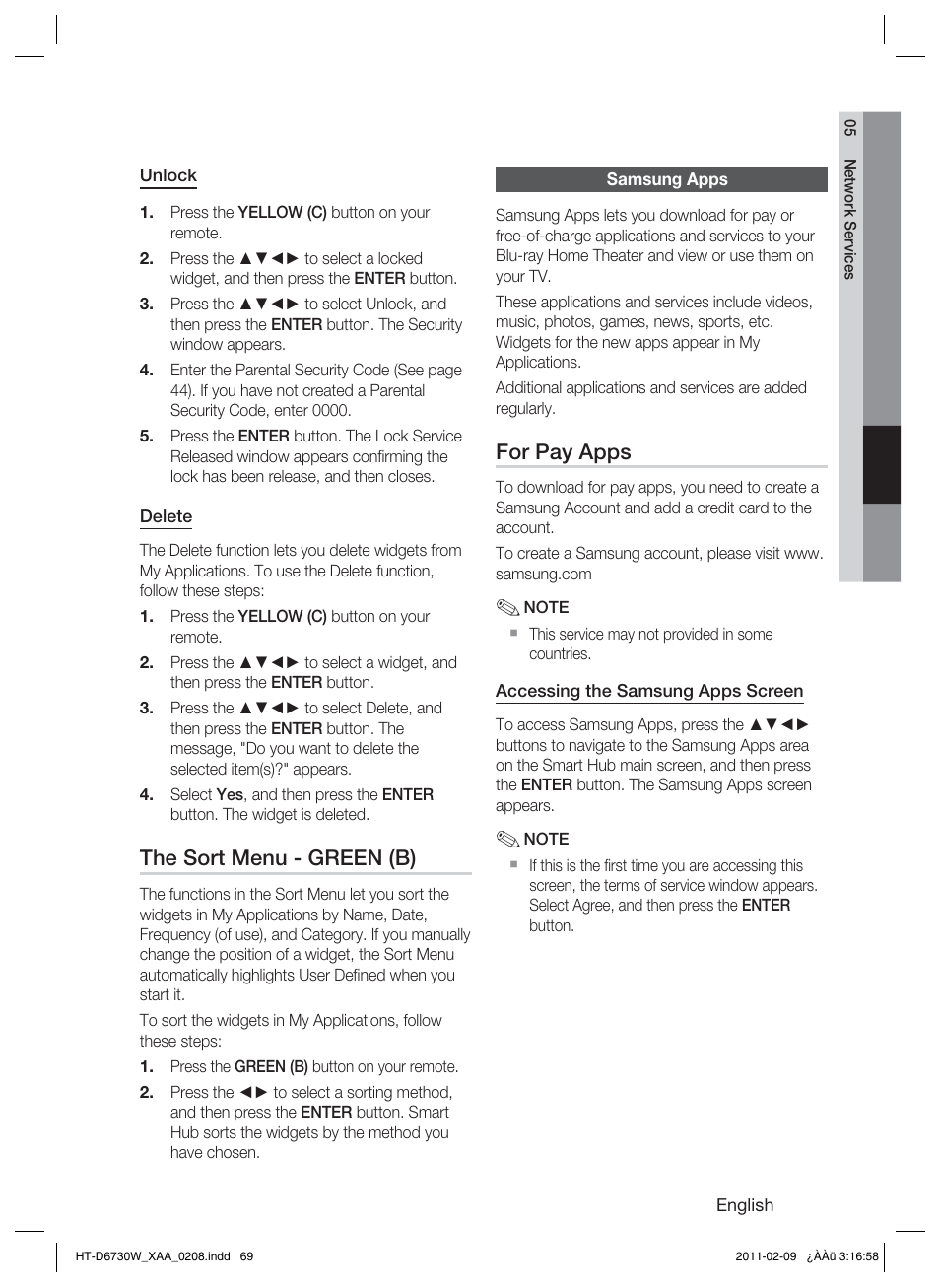 Samsung apps, The sort menu - green (b), For pay apps | Samsung 7.1 CH BLU-RAY HT-D6730W User Manual | Page 69 / 80