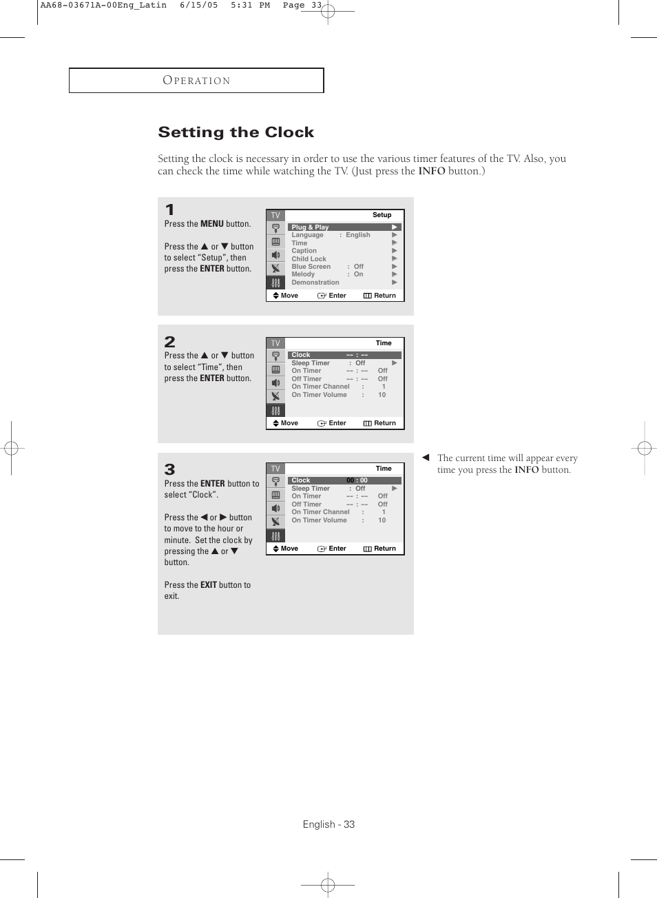 Setting the clock, P e r at i o n, English - 33 | Samsung CL21M21  EN User Manual | Page 33 / 60