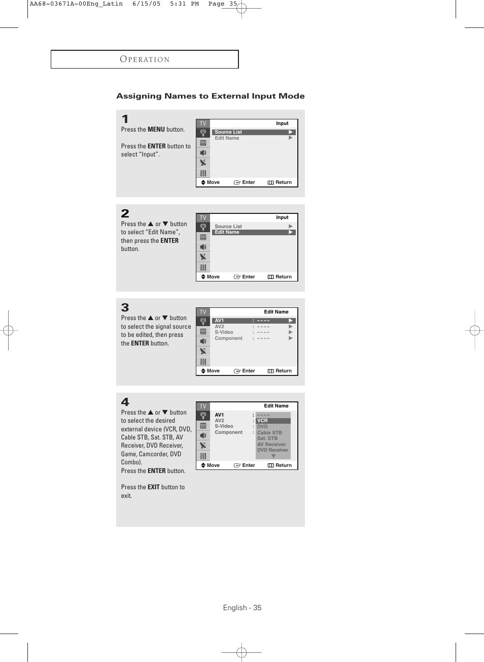 Assigning names to external input mode | Samsung CL21M21  EN User Manual | Page 35 / 60