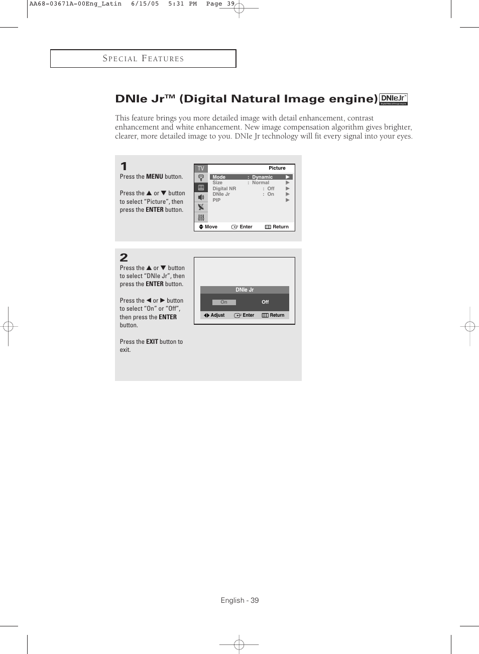 Dnie jrtm (digital natural image engine), Dnie jr, Digital natural image engine) | Samsung CL21M21  EN User Manual | Page 39 / 60