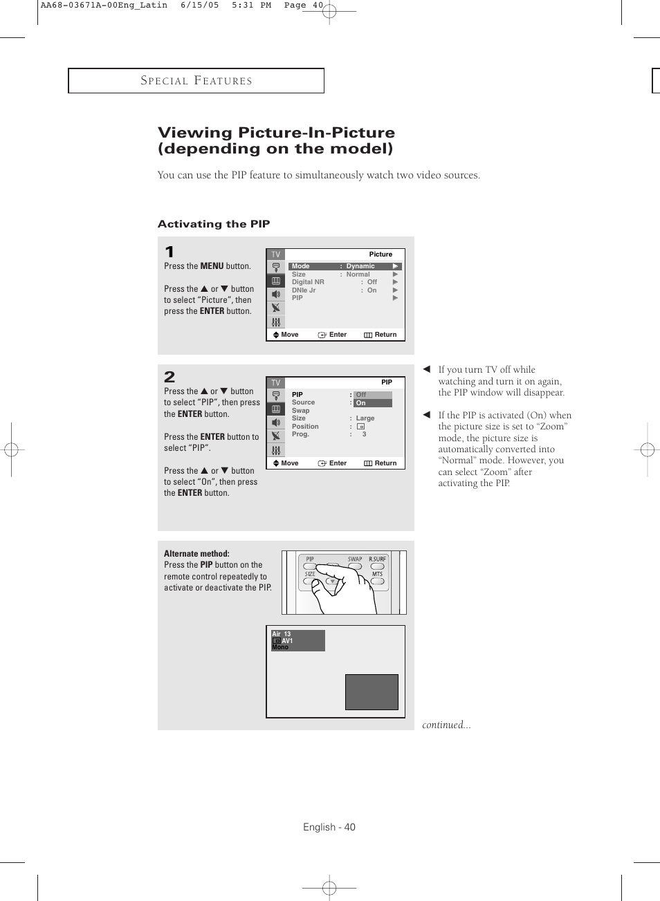 Viewing picture-in-picture depending on the model), Activating the pip, Continued | Samsung CL21M21  EN User Manual | Page 40 / 60